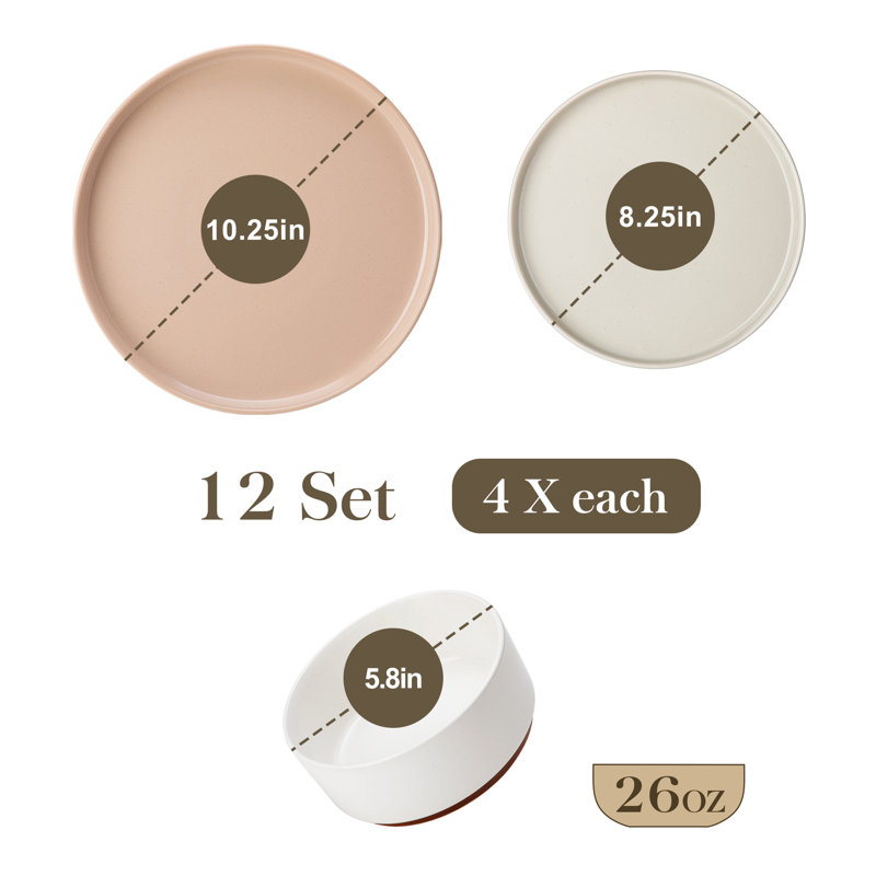 Ensemble 12 pièces de vaisselle en terre cuite mélangée 12 couleurs avec glacis au sésame - assiettes, bols et service en céramique fabriqués à la main moderne pour 4 - Vaisselle rustique et contemporaine pour les repas de famille, les réceptions et les cadeaux