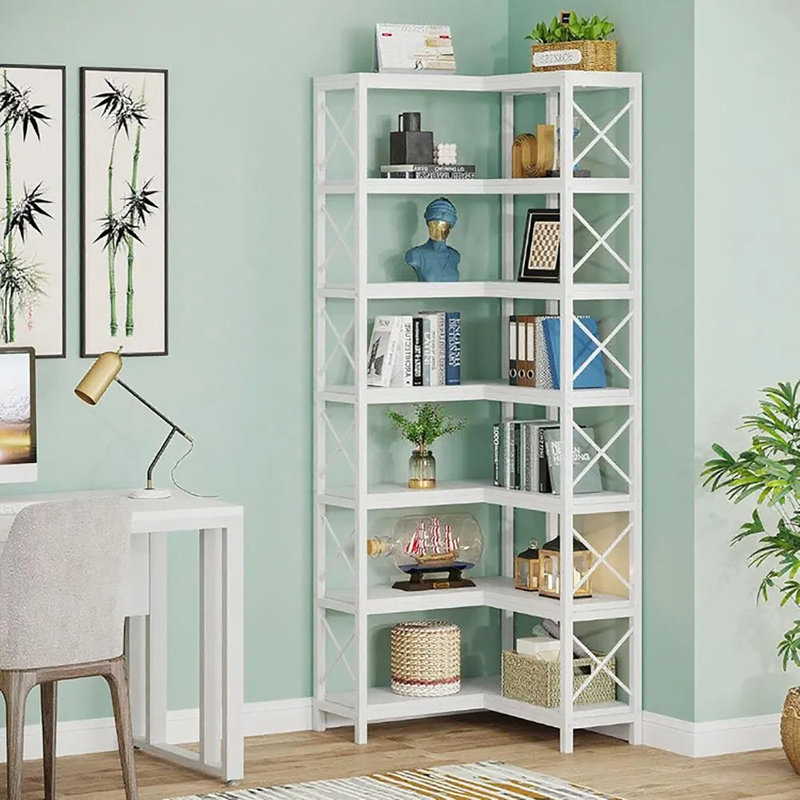 14-shelf Corner Bookshelf – Industrial Rustic Metal+wood Shelf With X-bars, 25lb/shelf Adjustable Feet, Maximize Space For Living Room/bedroom/small Apartment