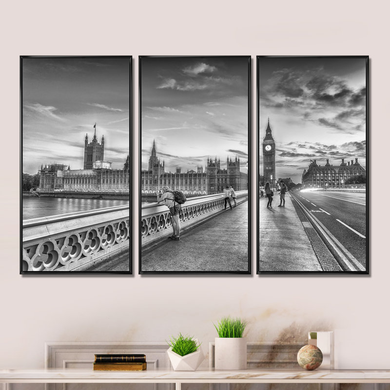 Beautiful London Black and White View - Cityscape, ensemble de 3 toiles d'art encadrées, H 20 po x l 36 po x P 1 po