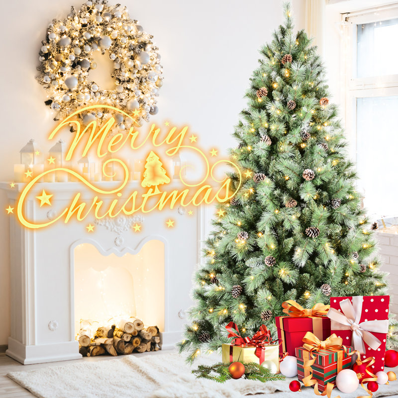 Arbre de Noël de 7 pi équipé de 400 lumières à DEL blanc chaud, 1348 pointes d'aiguilles mixtes et dures, 82 branches de pin, installation facile à charnières pour un joyeux matin, branches pré-enfilées, assemblage sans effort et