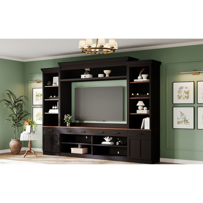 70 - Inch Tv Compatible 4 Piece Stand , Walnut Top, Black Base, Mid Century Media Console With Storage All In One For Tvs, Stand, Wine Rack And Cubicles