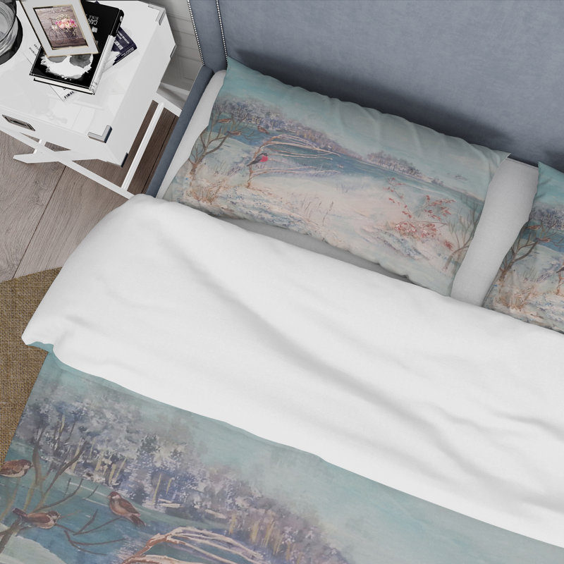 Ensemble de housse de couette Winter Trees River and Birds - Lake House - Microfibre de polyester