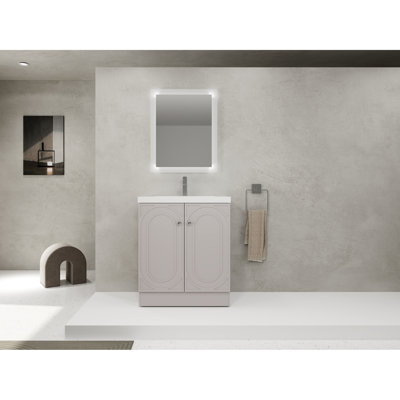Modern Bath Vanity 30". Resin Sink & Soft-Close Doors. Ample Storage Area. Metal Handles. Plywood. Khaki Glistening Bathroom 30" With Washbasin. Contemporary Look. Adjustable Shelf. Sparkling