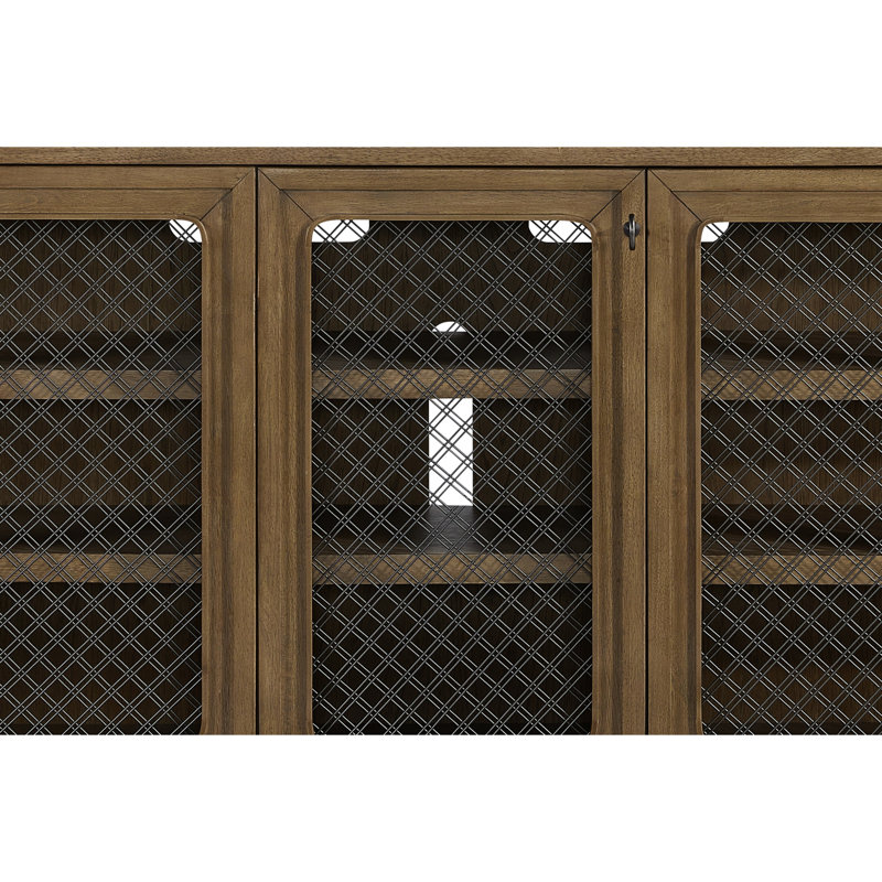 Console 84 po, ton amande, bois massif +, placages, quatre portes encadrées, conception en maille décorative, tablette spacieuse, présentation de rangement pour livres et médias, teinte transitionnelle de 84 po, étagères en métal,