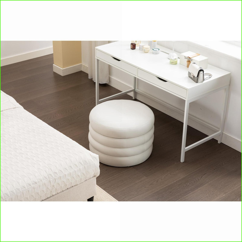 Ottoman with Storage &amp; Reversible Cover - Round Velvet Footstool for Bedroom | Ivory | Velvet, White Velvet