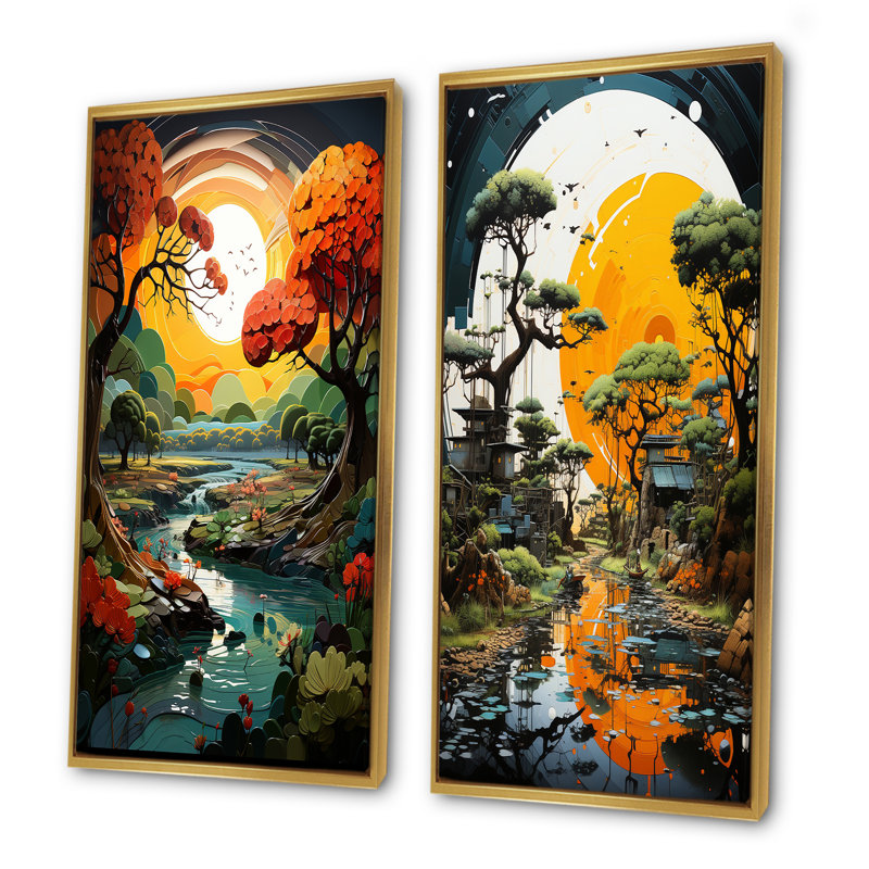 Vibrant Oasis Baobab - ensemble de salon mural art baobab arbre de 2, Cadre flottant doré, H 32 po x l 33 po