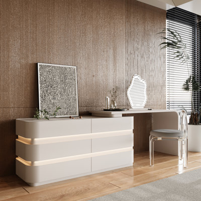 Bureau de meuble-lavabo moderne à DEL avec grands tiroirs de rangement, meuble-lavabo à plateau en verre trempé extensible de 45,12 po à 96 po, coiffeuse en L ou droite, sans assemblage requis