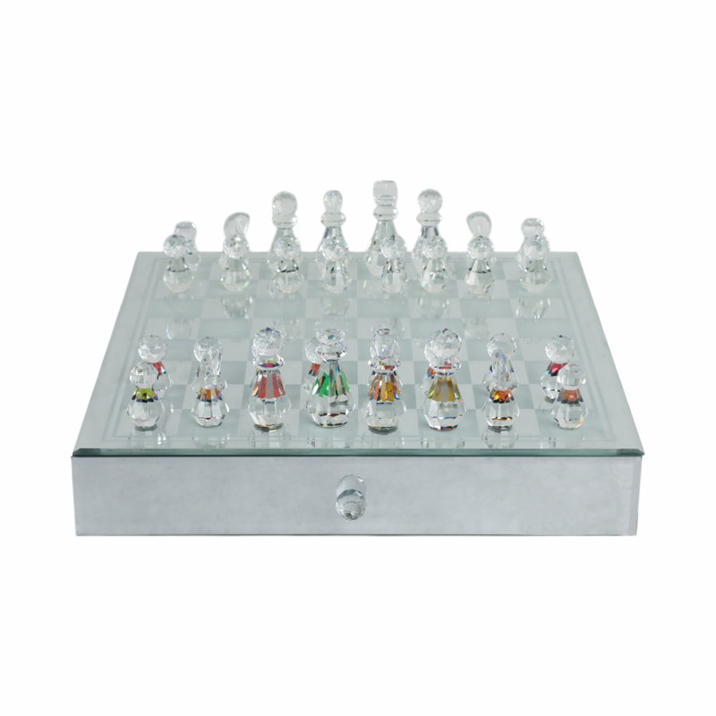 Crystal and Mirrored Glass Chess Set with Silver Accents