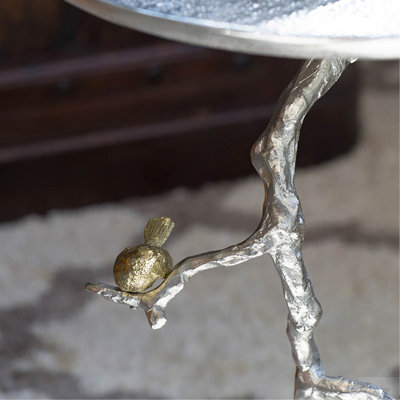 16.9X16.9X28" Round Aluminum Side Table With Silver Branch Design And Gold Bird Accents