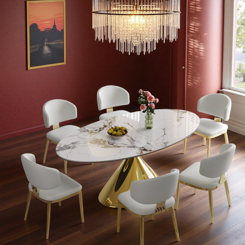 Modern Luxury Marble Dining Table Set For 4-6 People - Oval Kitchen Table With Gold Stainless Steel Base & 6 Padded Chairs - Elegant Contemporary Dining Room Furniture