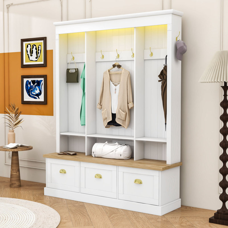 Wood Hall Tree with APP-Controlled LED Strip, Hooks, Flip-Down Cabinets and Shelves, White