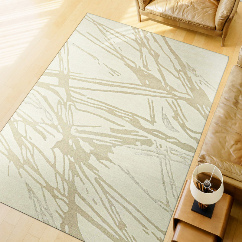 Tapis blanc et doré de haute qualité noué à la main, Rectangle de 10 pi x 14 pi