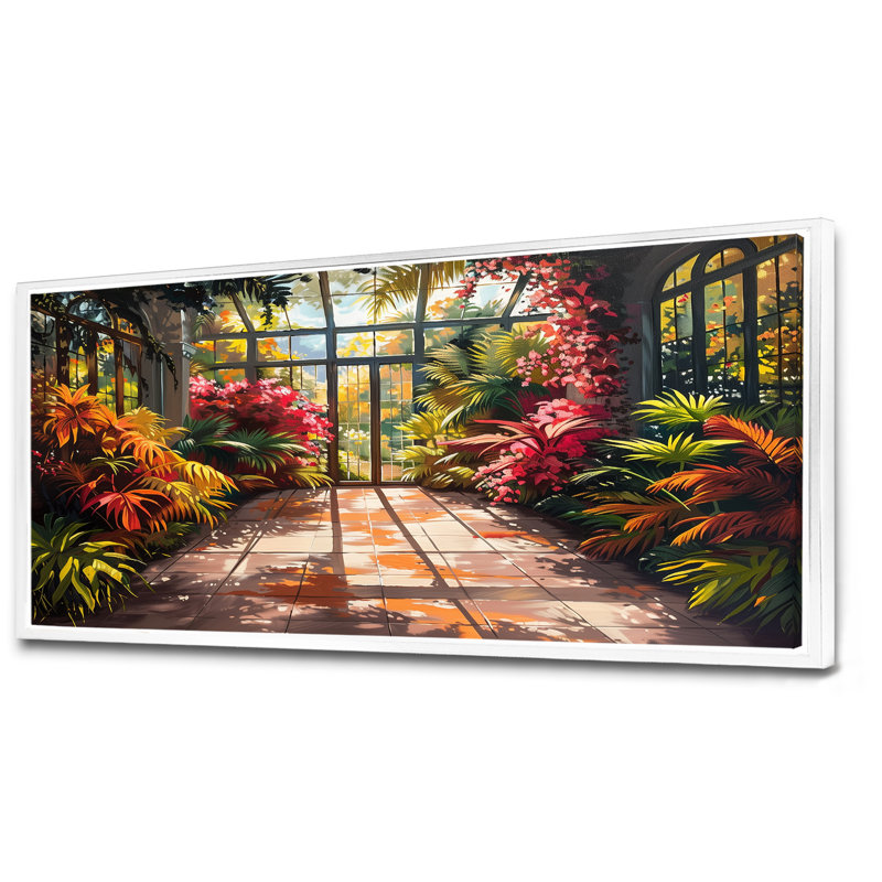 «Red Orange Greenhouse Tropical Treasure I», art mural de serre, Toile encadrée flottée blanche, H 28 po x l 60 po x P 1,5 po