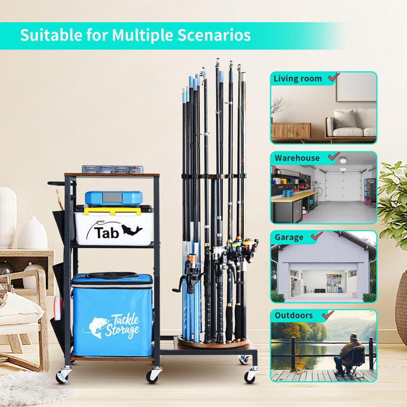 Chariot de rangement pivotant à 360 degrés avec roulettes - Support de rangement robuste pour 12 cannes et boîtes à pêche - Support pour équipement de pêche