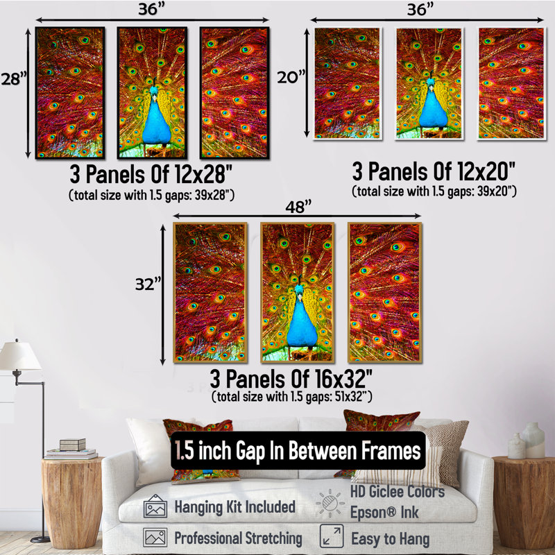 «Peacock Dancing - Animal», ensemble de 3 toiles encadrées, H 32 po x l 48 po x P 1 po, Brun