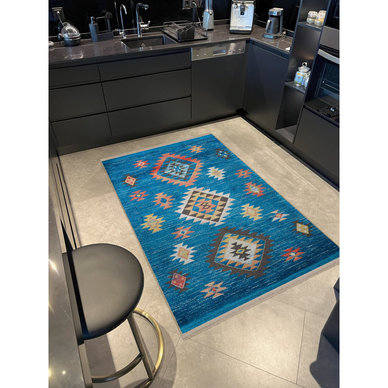 Tapis décoratif à motif géométrique bleu à motif géométrique, Rectangle 4 pi 7,12 po x 6 pi 6,74 po