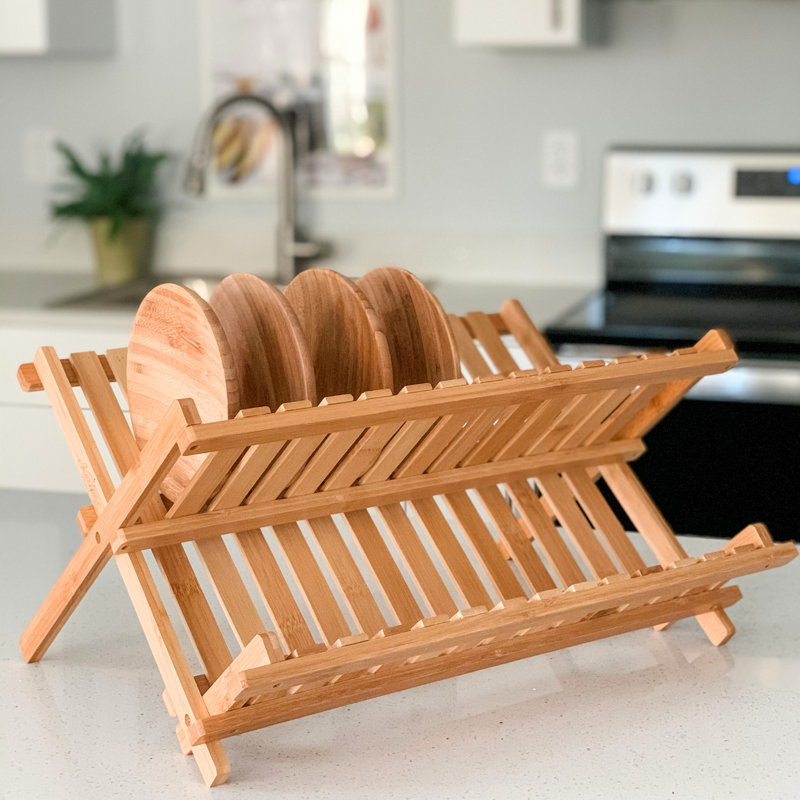 Natural Bamboo Foldable Dish Drying Rack with Two Tiers