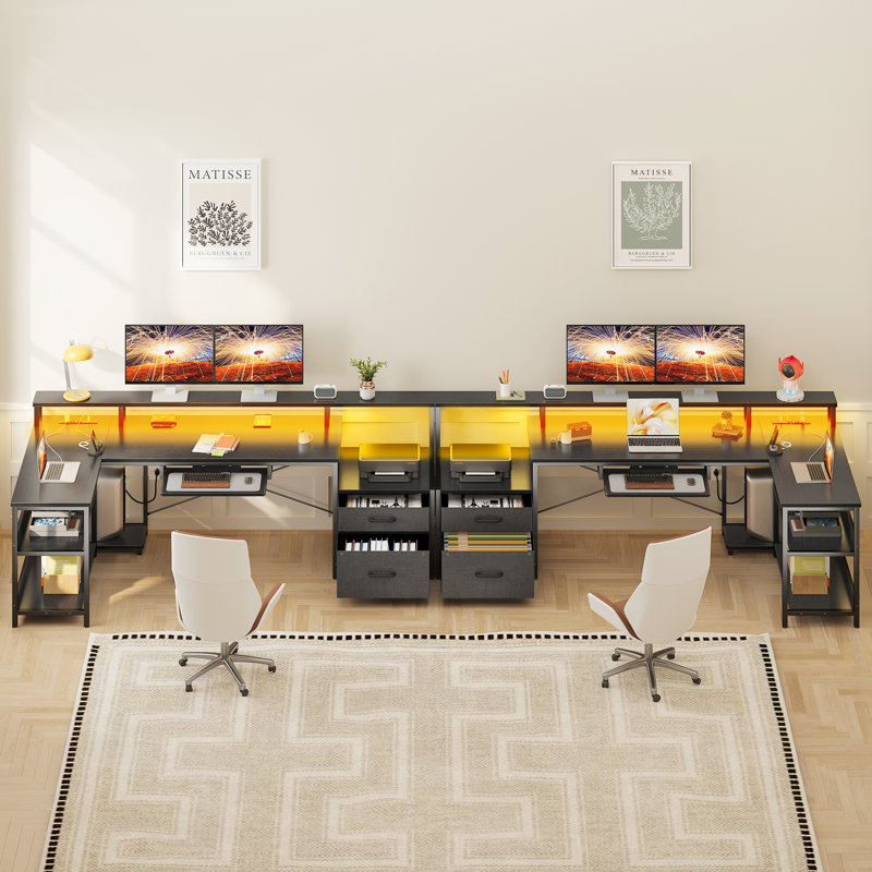 Sholpan LED L-Shaped Desk with Cabinet with Power Outlets, 35" H x 67.8" W x 39.4" D, Black/Black