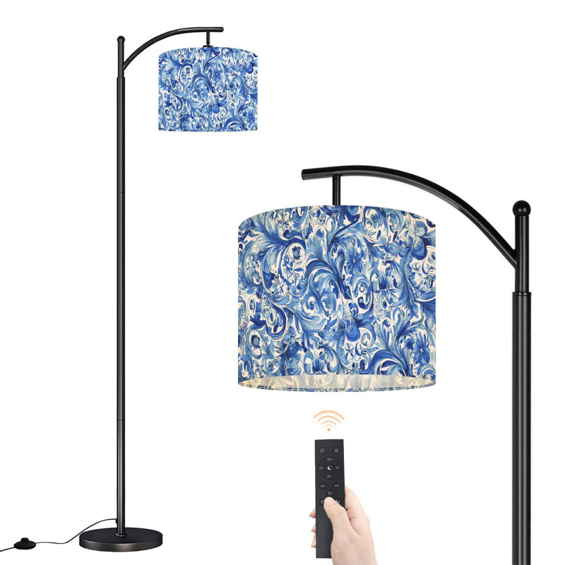 Lampe sur pied à arc avec abat-jour réglable orné de fleurs bleues et blanches, lampe sur pied à 3 températures et intensité variable avec interrupteur au pied pour la chambre à coucher
