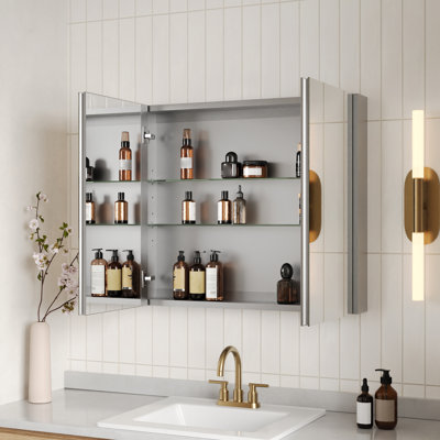 30'' W X 26'' H Frameless Medicine Cabinet with Mirror and 2 Adjustable Shelves, Wall-Mounted 
