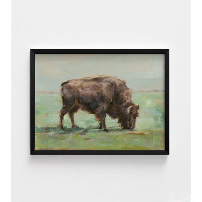 «Where the Buffalo Roam I» par Ethan Harper, peinture à l'aquarelle Buffalo, impression de paysage vert, art animalier de ferme, Ethan Harper Art