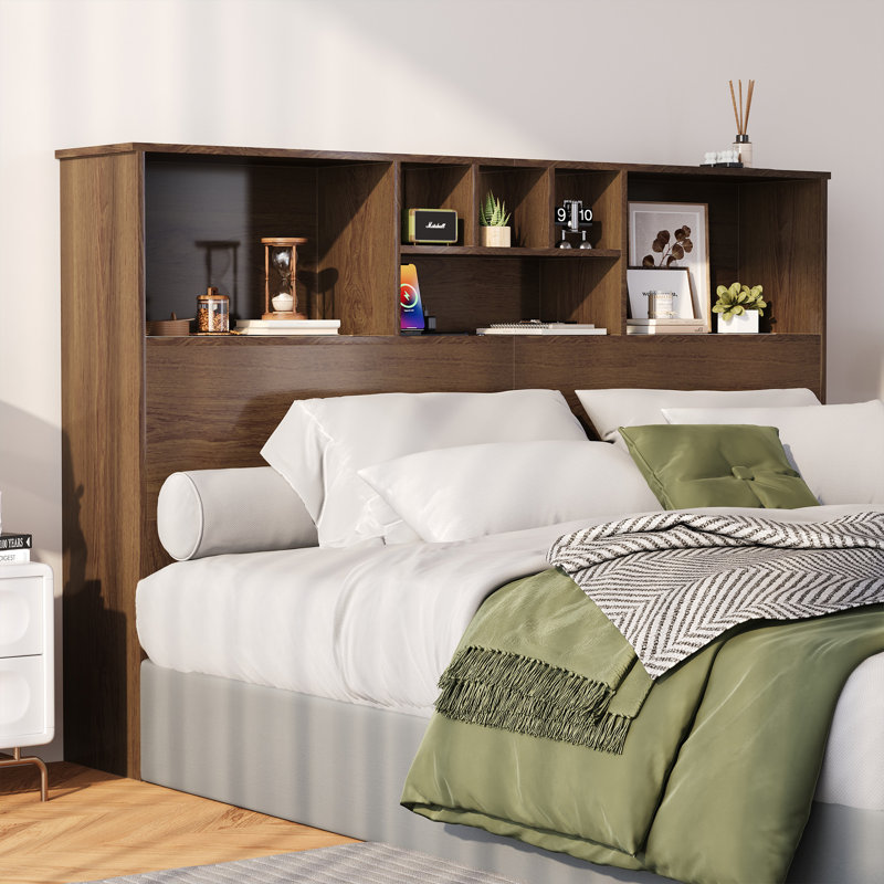 Modern Wooden Bookcase Headboard with Adjustable LED Lights & Charging Station – Queen & King Sizes, Scroll Down for Assembly Video