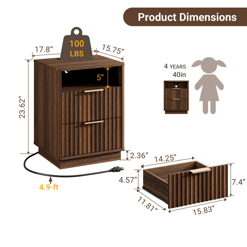 Jenkins 18''W Nightstand Set of 2 with 2-Drawer Open Cubby, Built-In Charge Outlets, Walnut Wood Grain/Oak Textured