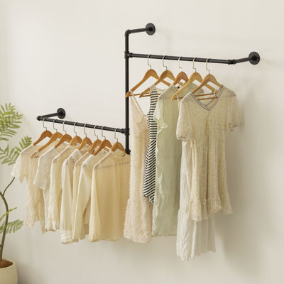 Industrial Pipe Clothing Rack Wall Garment Rack With Pipe Clothes Rails, Multi-Purpose Heavy Duty Clothes Hanging Rods Space-Saving Clothes Bar Organizer Closet (Wall Clothing Rack-2 Hanging Rods)