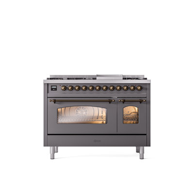 ILVE Nostalgie II Series 48 inch Dual Fuel Range with 8 Sealed Burners, Griddle (Glass Door)