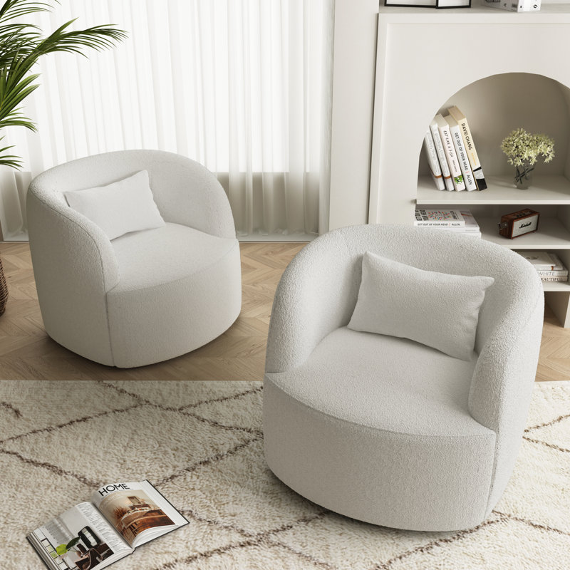 Upholstered Sherpa Swivel Barrel Chair, Beige Teddy Velvet