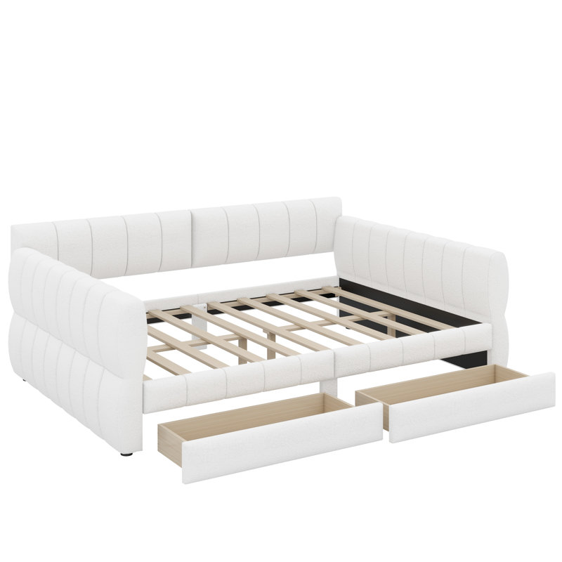 Grand lit plateforme tapissier avec port USB et tiroirs, Blanc