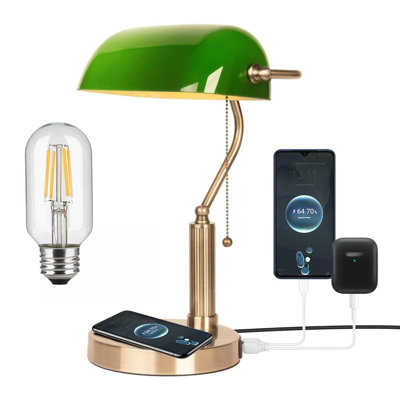 Lampe de bureau en verre avec chargeur sans fil, 2 ports de charge USB, lampe de bureau rétro avec interrupteur à chaîne, lampes de table rétro pour bureau personnel, piano, bibliothèque (ampoule incluse)