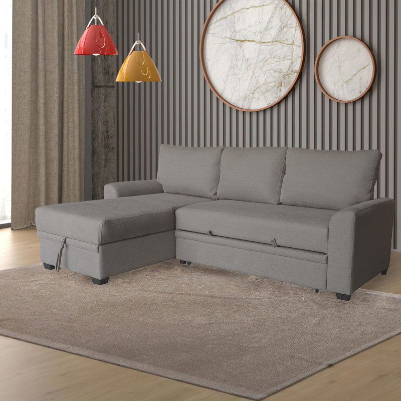 Canapé-lit modulaire en tissu avec méridienne de rangement orientée vers la gauche, Tissu brun