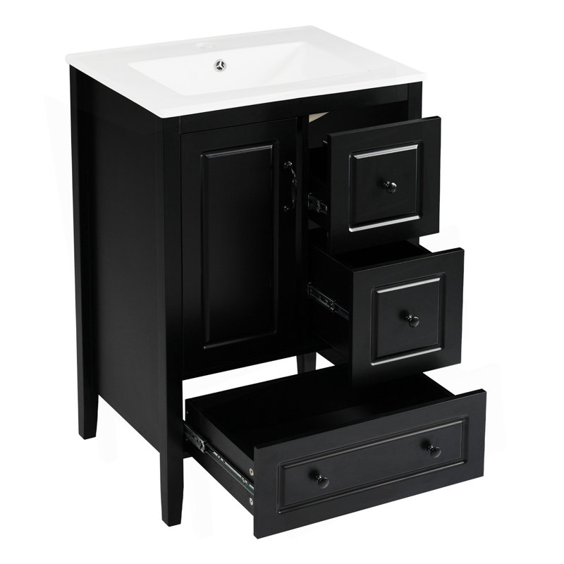 Meuble-lavabo de 24 po avec lavabo, une armoire avec porte à fermeture en douceur, 3 tiroirs à fermeture en douceur, poignées en métal rétro, noir