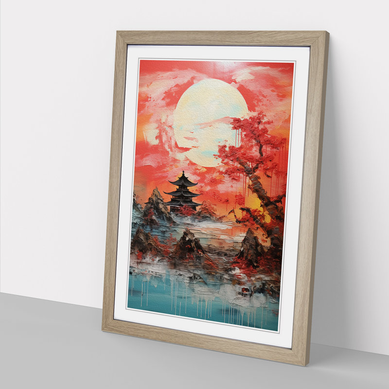Japanese Sunset Gestural No.2 - Single Picture Frame Print on Wood, Oak Framed, 46cm H x 34cm W x 2cm D