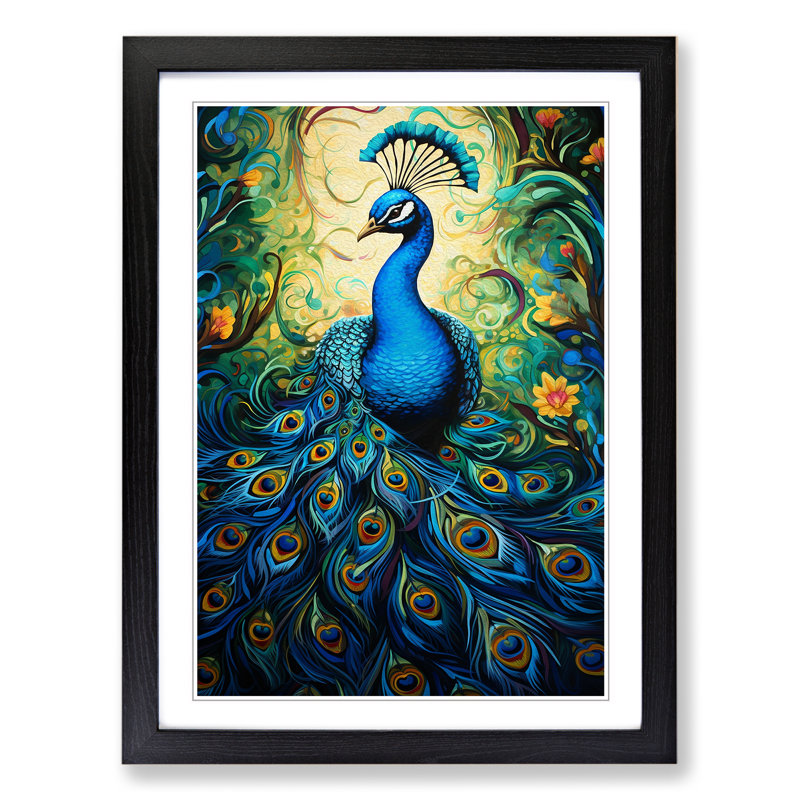 Peacock Action No.2 - Single Picture Frame Print on Wood, 34cm H x 25cm W x 2" D, Black Framed