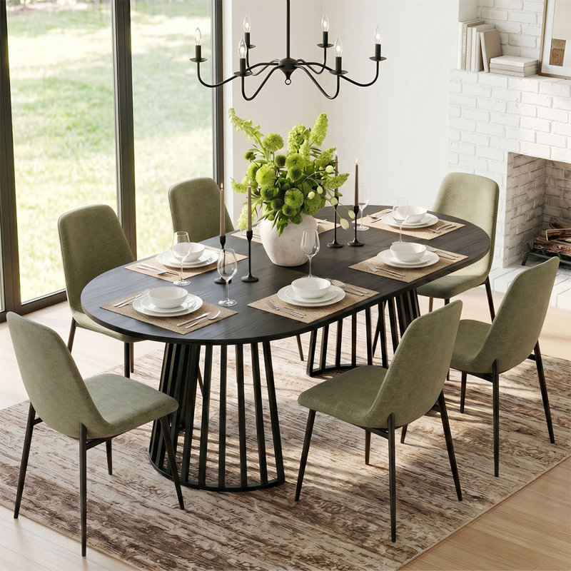 6- Person Dining Table Sets With Extendabe Oval Table & 6 Upholstered Chenille Dining Chairs, Green