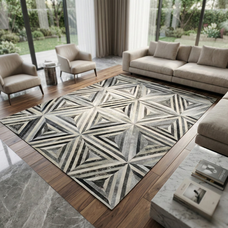 Handmade Geometric Leather Rug, Modern Luxury Area Rug, Black Grey Custom Size Available, Rectangle 9' x 12'