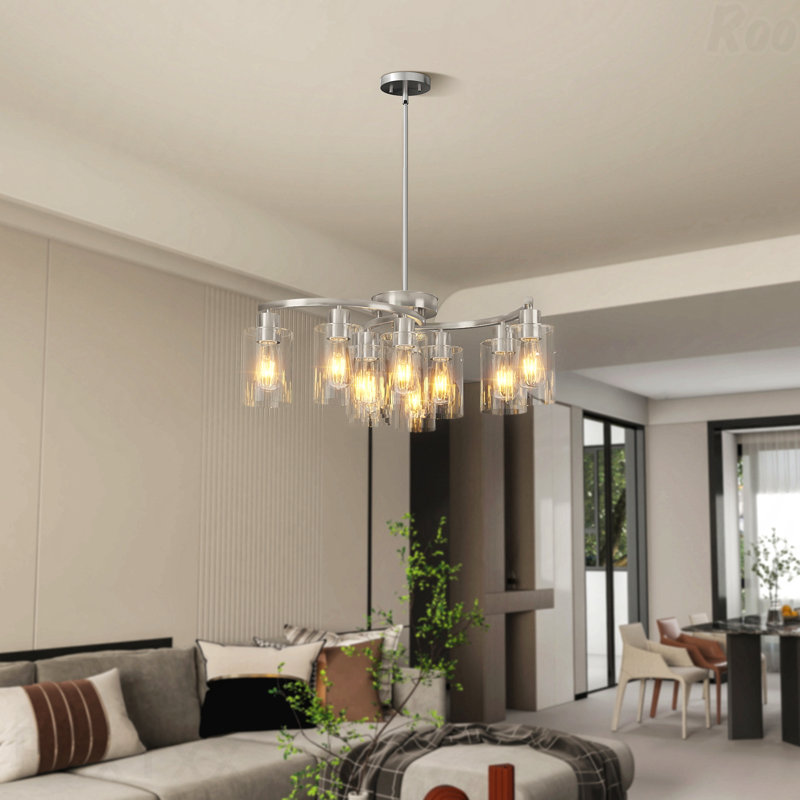 Lustre - configuration en verre nickel brossé à 9 lumières, hauteur réglable, salle à manger suspendue de style industriel au-dessus d'une table