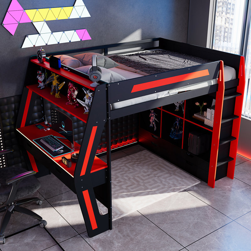 Lit mezzanine double pleine grandeur avec bureau intégré, lumières DEL RVB intelligentes et ports USB, Black+Red