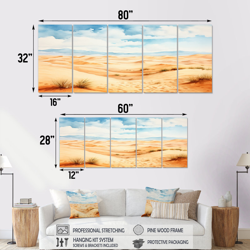 Paysage désertique de dunes de sable en Afrique I - Désert, ensemble d'art mural 5 pièces, H 32 po x l 80 po