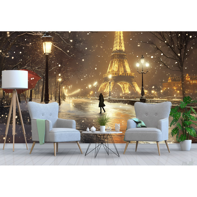 Papier peint romantique Paris nuit - Tour Eiffel avec parasol rouge et neige pour les espaces confortables, Peler et coller