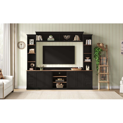 Meuble audio-vidéo 4 en 1 avec bibliothèque pour téléviseur de 70 à 70 po, grand meuble télé de style campagnard avec tablettes et tiroirs réglables, console multimédia rétro élégante pour le salon