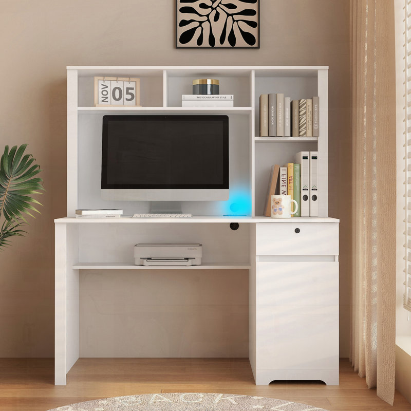 Bureau d'ordinateur avec étagère à tiroirs, Blanc