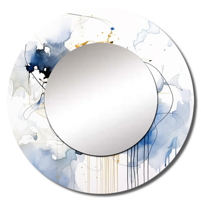 Dark Blue and Gold Strokes XIII - Fractals Large Mirror, Blue Round Unique Wall Mirror Decor, Printed Metal Art