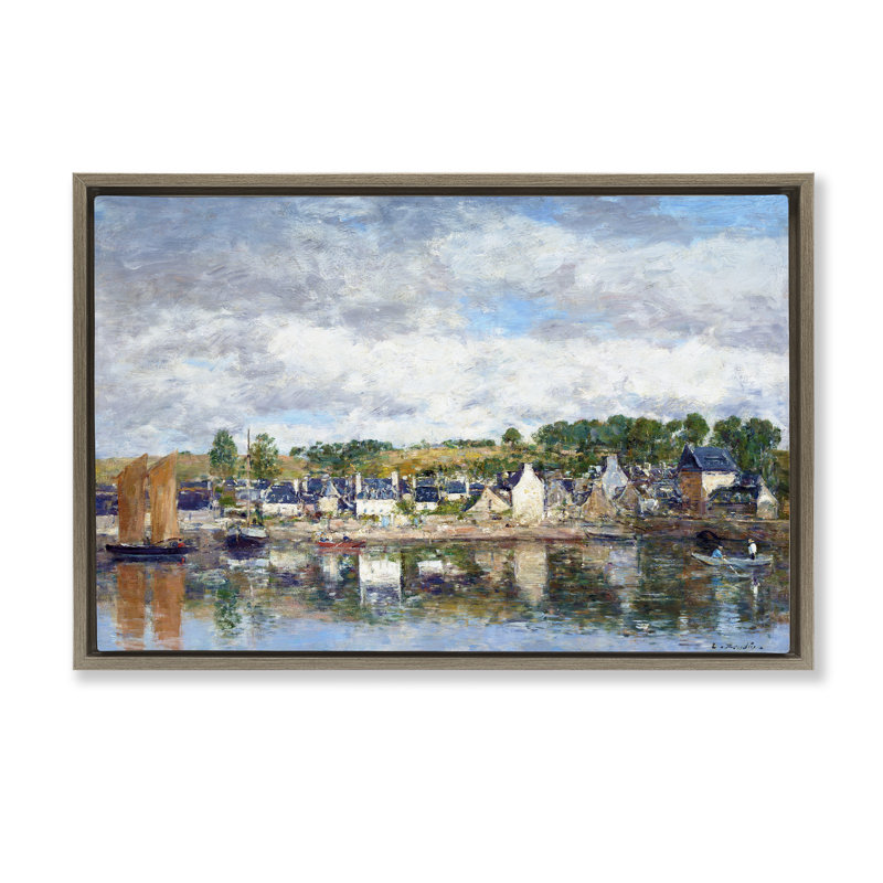 Village par une rivière, cadre par Eugene Boudin, H 17 po x l 25 po, Cadre flottant orme Montalcino