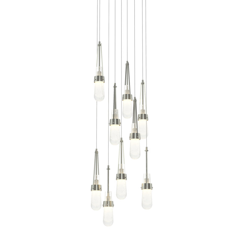 Luminaire suspendu 9 lumières Link, Long: 19" to 130", Verre antique transparent, Sterling