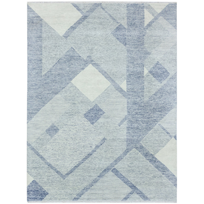 Tapis bleu / blanc de haute qualité noué à la main, Rectangle 9 pi x 12 pi