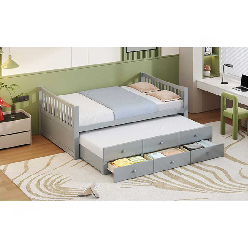 Lit plateforme avec lit gigogne et tiroirs, Gris