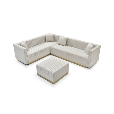 Contemporary Vertical Channel Tufted Velvet Sectional Sofa Modern Upholstered Corner Couch For Living Room Apartment With Ottoman And 4 Pillows -  Everly Quinn, 522E0E8822874FD4808648BC4CFC2C4A